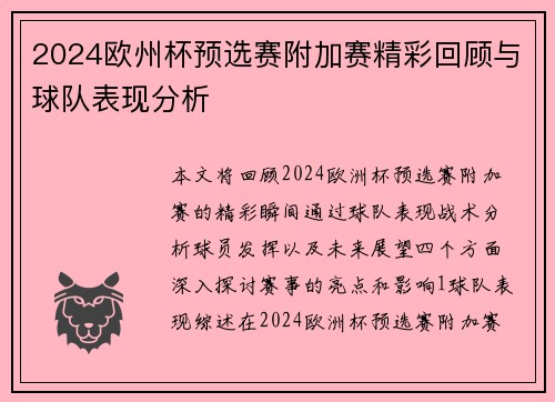 2024欧州杯预选赛附加赛精彩回顾与球队表现分析
